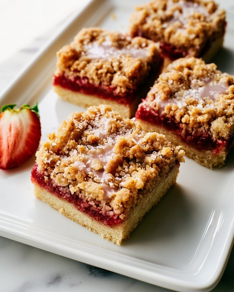 Strawberry Shortcake Bars with a Turbinado Crunch Close-up of a layered strawberry shortcake bar with a shiny glazed topping