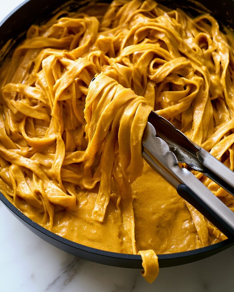 Lifting fettuccine with metal tongs to coat in orange sauce