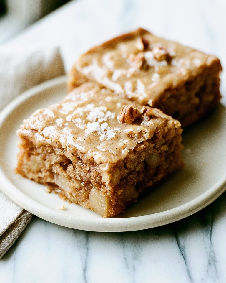 Chewy Salted Maple Brown Butter Apple Blondies Two salted maple brown butter apple blondies on a light plate showing a shiny glazed surface and dense centers