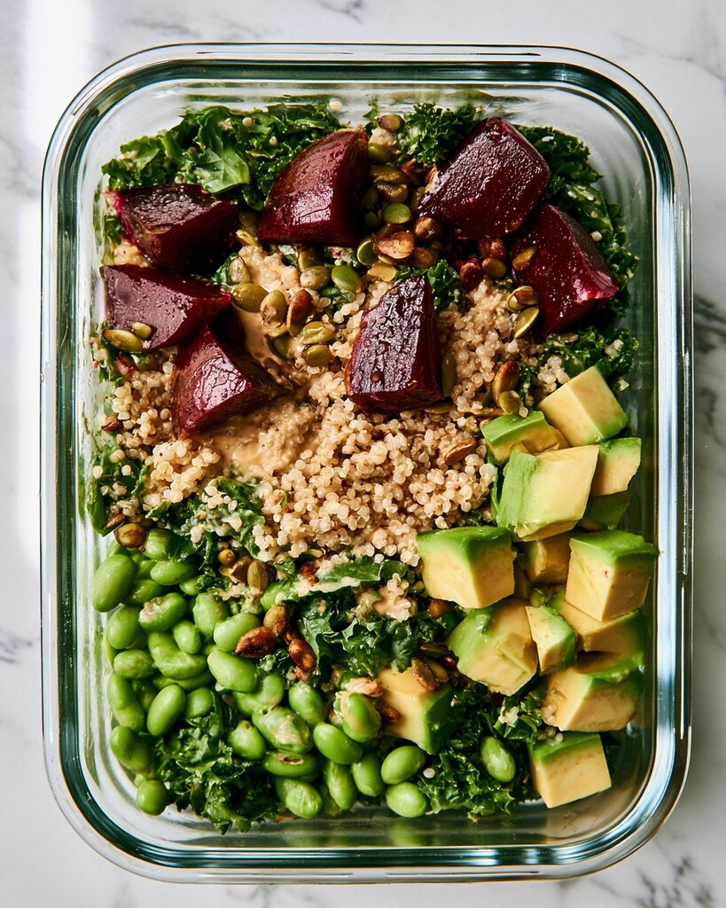 Pouring za'atar hummus dressing over a vegan grain bowl