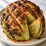 Oven-Roasted Blooming Cabbage Boil with Charred Edges A whole roasted blooming cabbage with a dark, charred crust and one wedge removed