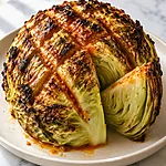 Oven-Roasted Blooming Cabbage Boil with Charred Edges A whole roasted blooming cabbage with a dark, charred crust and one wedge removed