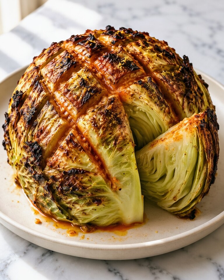 Oven-Roasted Blooming Cabbage Boil with Charred Edges A whole roasted blooming cabbage with a dark, charred crust and one wedge removed