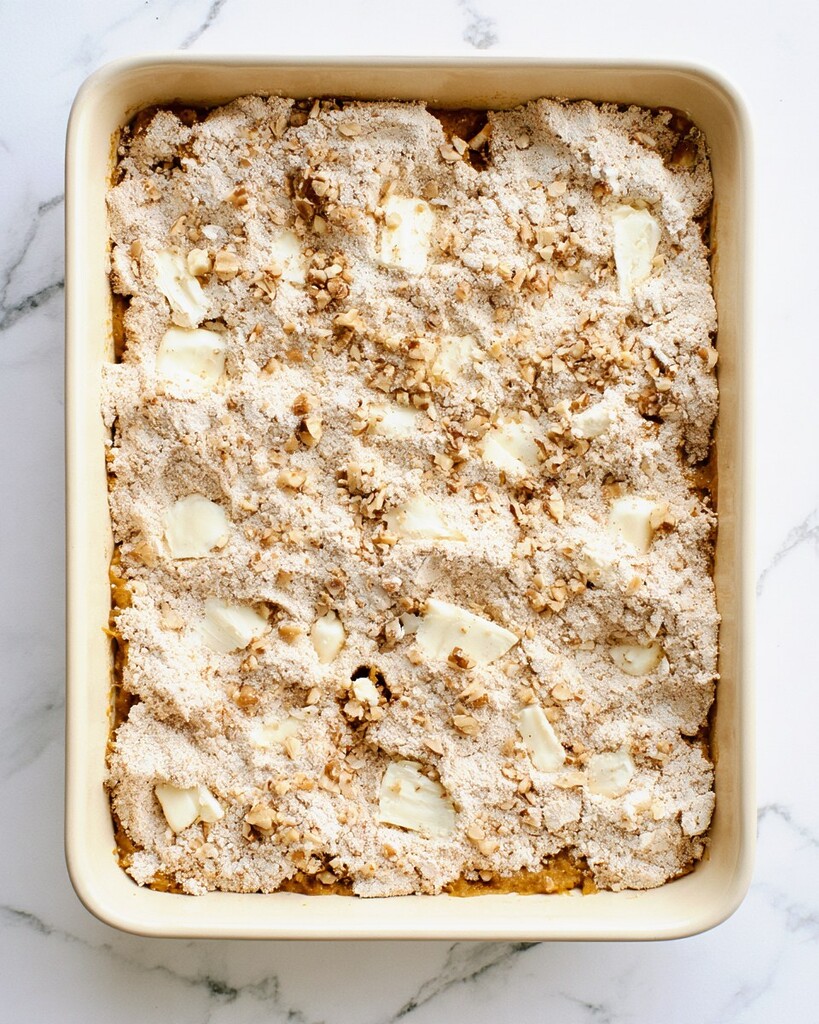 Raw spice cake mix covered with pecans and thin pats of cold butter in a baking dish