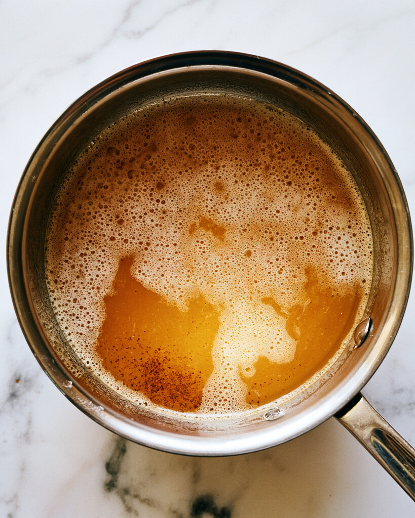Foaming brown butter in a small metal saucepan with a golden amber color