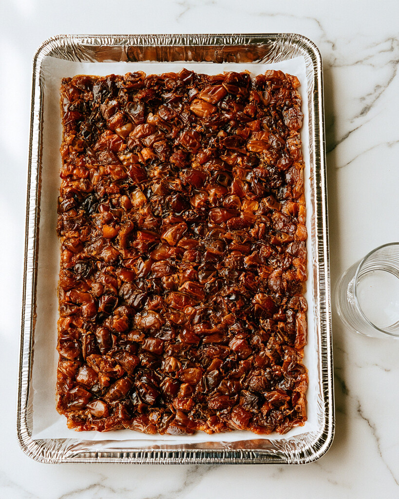 Flattened base of pitted Medjool dates pressed together inside a parchment-lined aluminum pan