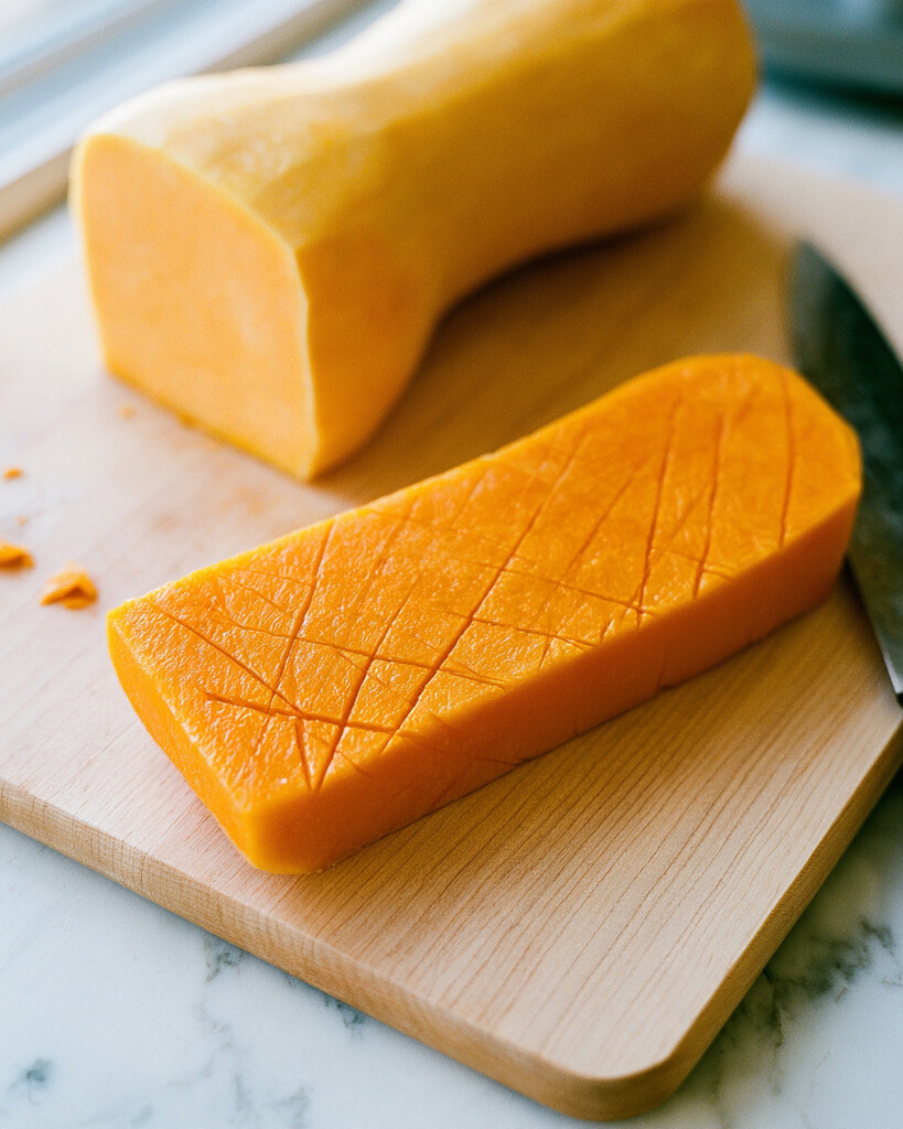 A peeled butternut squash neck cut into thick flat steaks with a crosshatch diamond pattern scored into the top surface