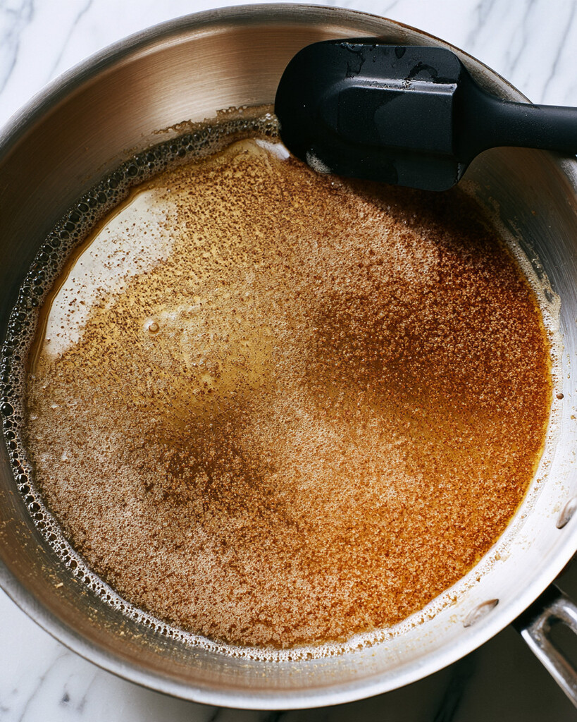 Melted butter foaming in a skillet with golden-brown solids
