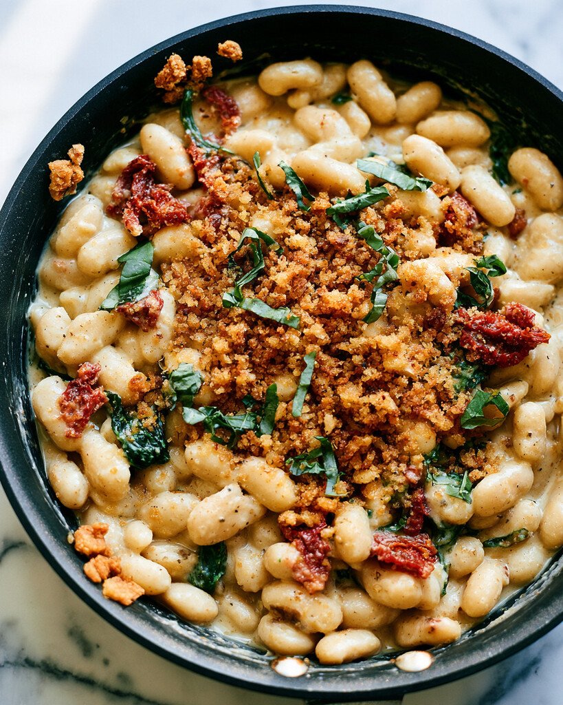 Creamy Marry Me white beans served in a black skillet with golden panko and sun-dried tomatoes