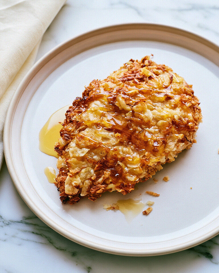 Hot Honey Potato Chip Chicken with an Ultra-Crispy Crust Hot honey potato chip chicken on a white plate with a glossy golden crust