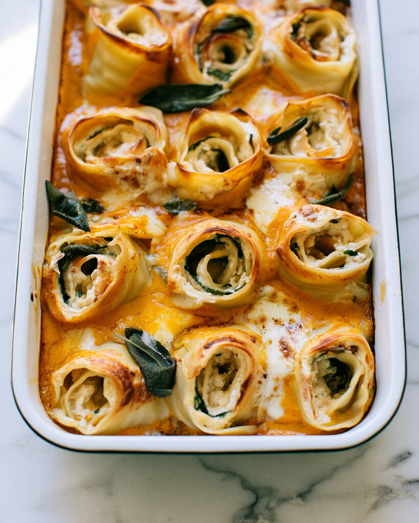 Baked pumpkin ricotta roll-ups in a white baking dish with bubbling orange sauce and melted cheese