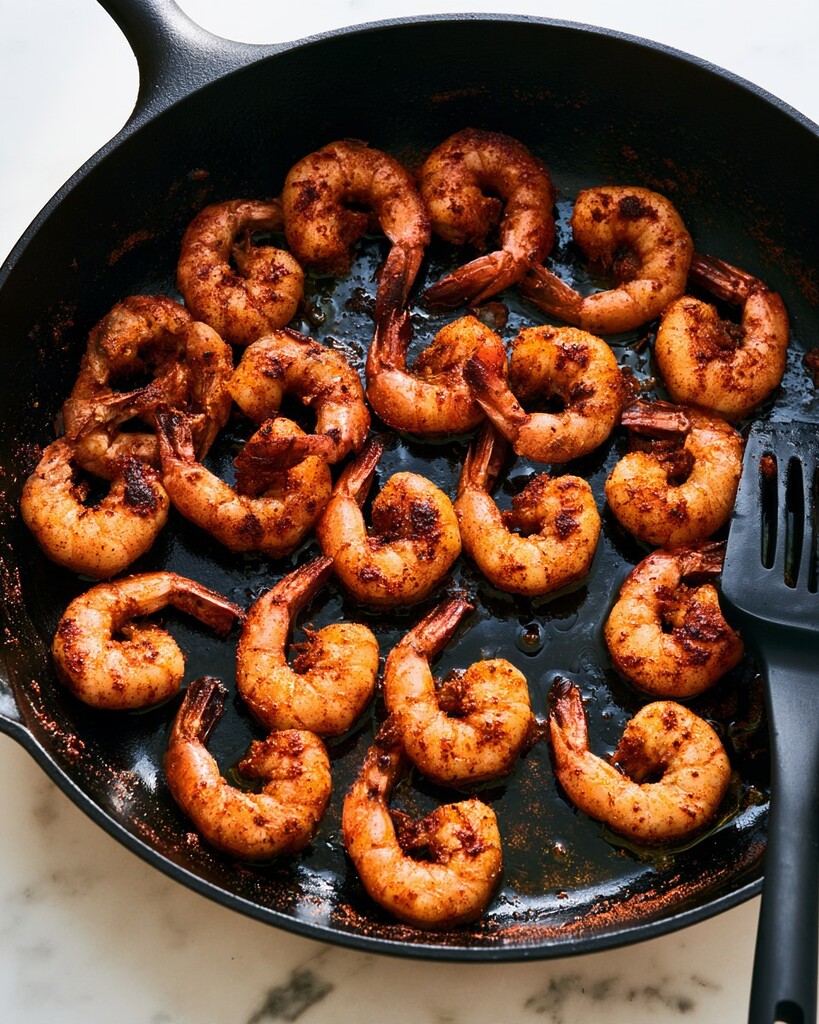 Raw spiced shrimp searing in a cast-iron skillet to form a dark crust