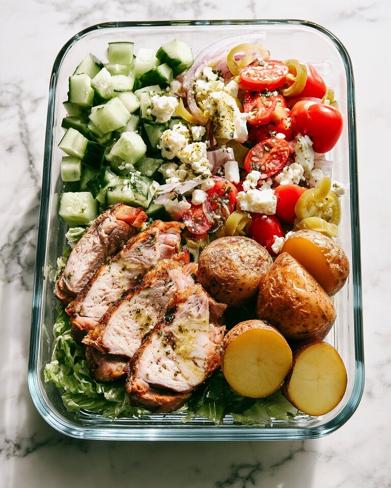 Sheet Pan Greek Chicken and Potato Meal Prep Bowls Glass meal prep bowl with roasted Greek chicken, potatoes, chopped romaine, and feta cucumber salad