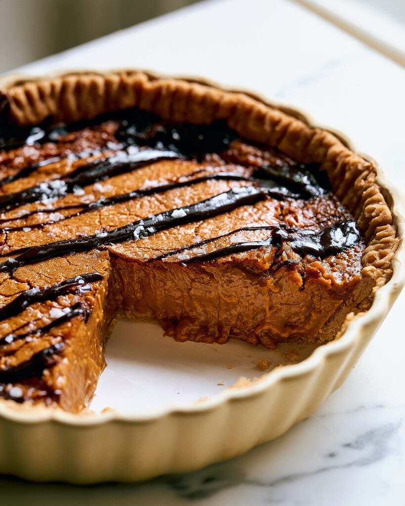 Peanut butter chess pie baked in a ceramic dish with chocolate drizzle and flaky salt