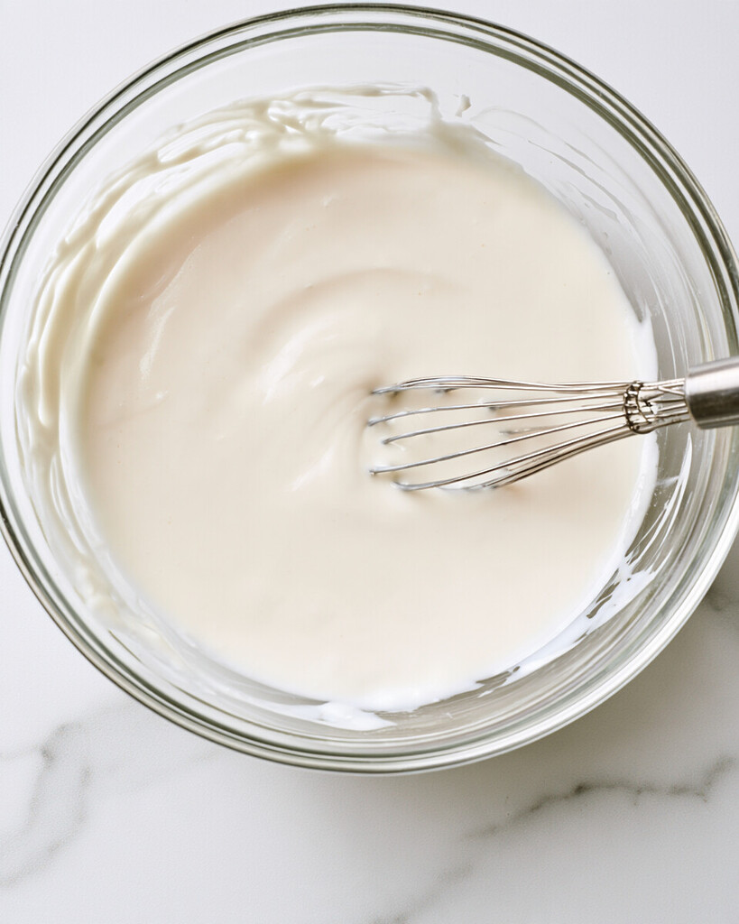 Thick white yogurt and milk whisked together into a smooth liquid in a glass bowl