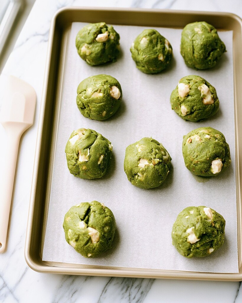 Seven round green cookie dough balls studded with white chocolate chunks, arranged on a parchment-lined baking sheet