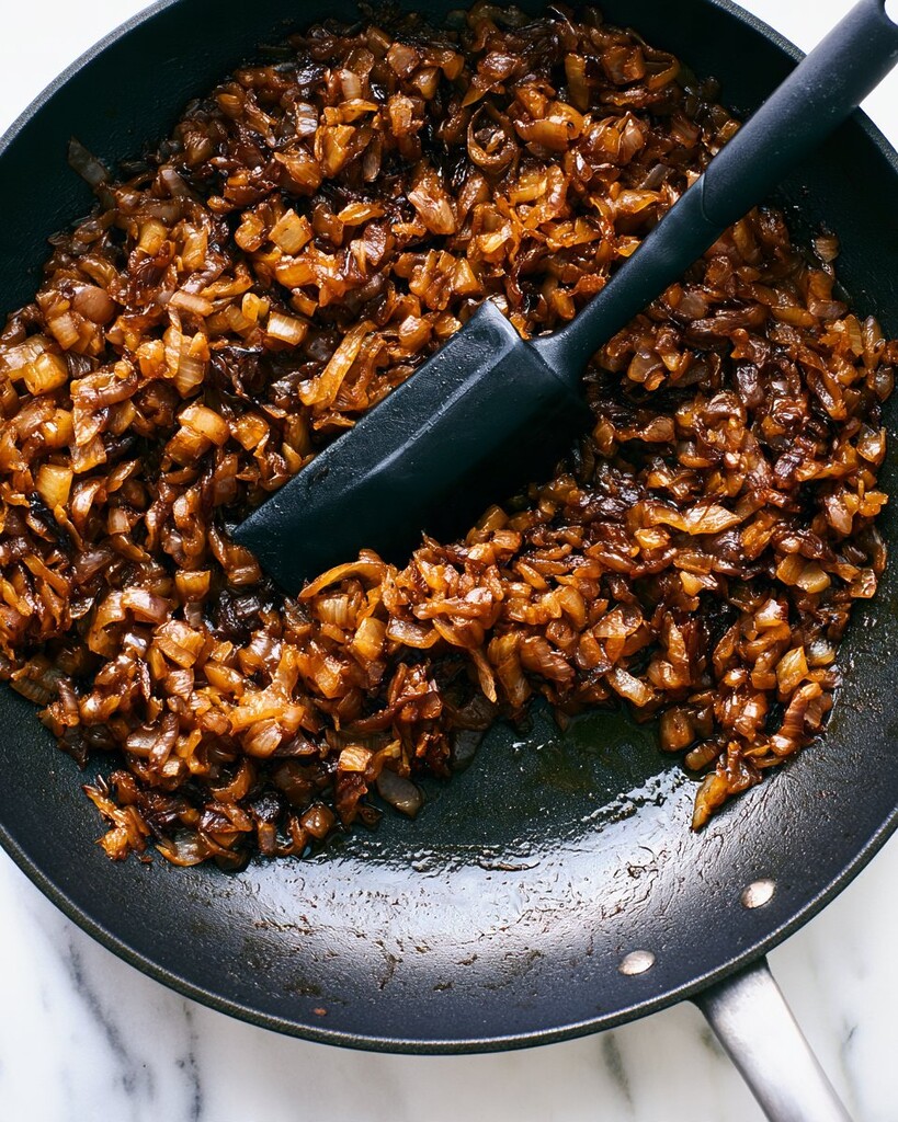 Diced yellow onions cooking in a black skillet turning a dark brown color