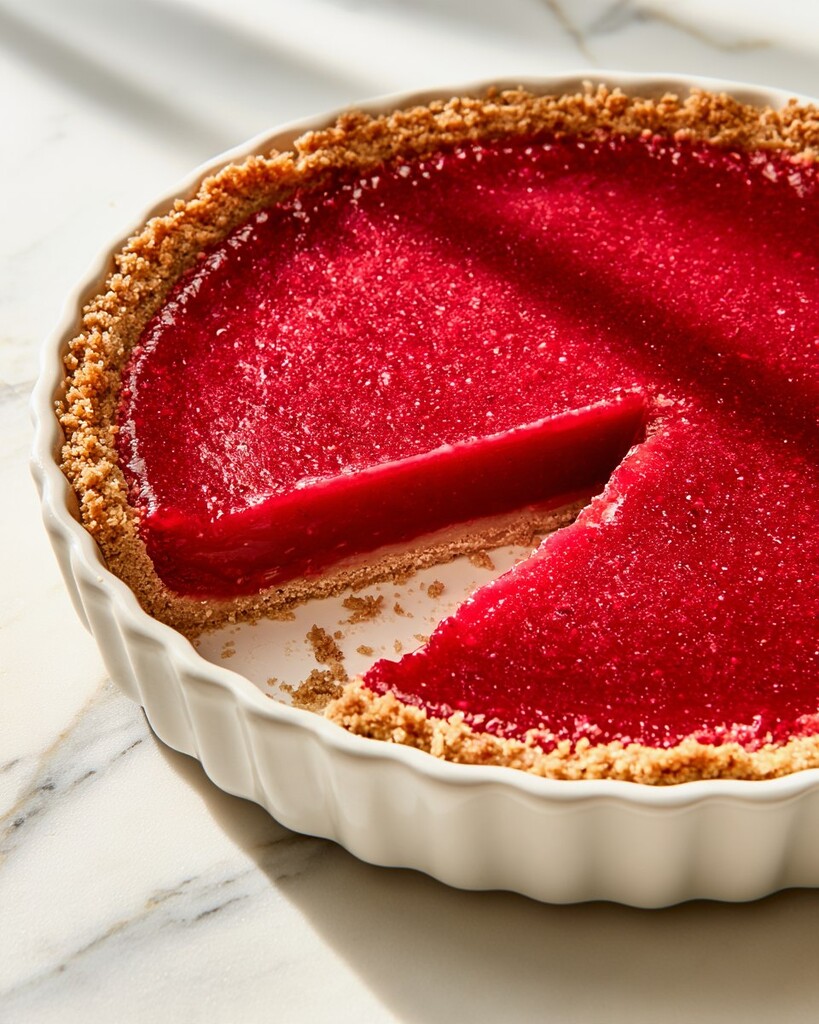 Chilled cranberry-lime curd pie in a brown crust with one slice removed