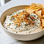 High-Protein French Onion Dip with Crispy Shallots Plated high-protein French onion dip in a white bowl garnished with chives and crispy shallots