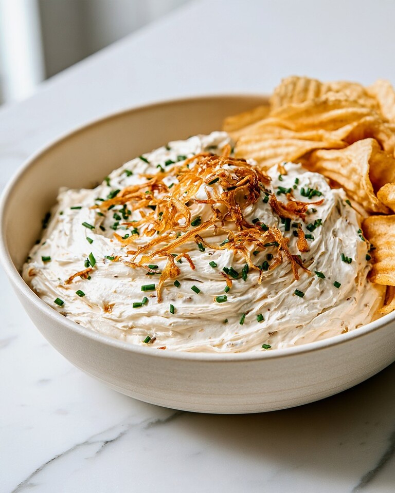 High-Protein French Onion Dip with Crispy Shallots Plated high-protein French onion dip in a white bowl garnished with chives and crispy shallots