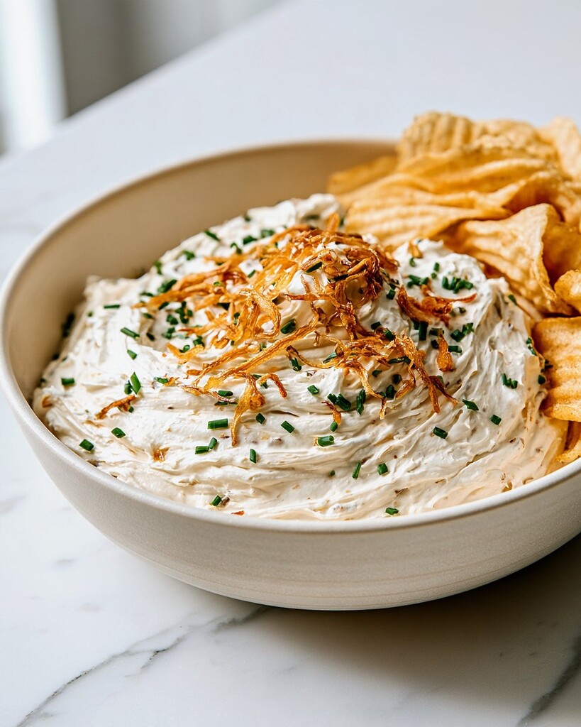 Plated high-protein French onion dip in a white bowl garnished with chives and crispy shallots