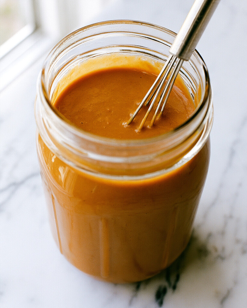 Orange liquid being whisked inside a glass mason jar