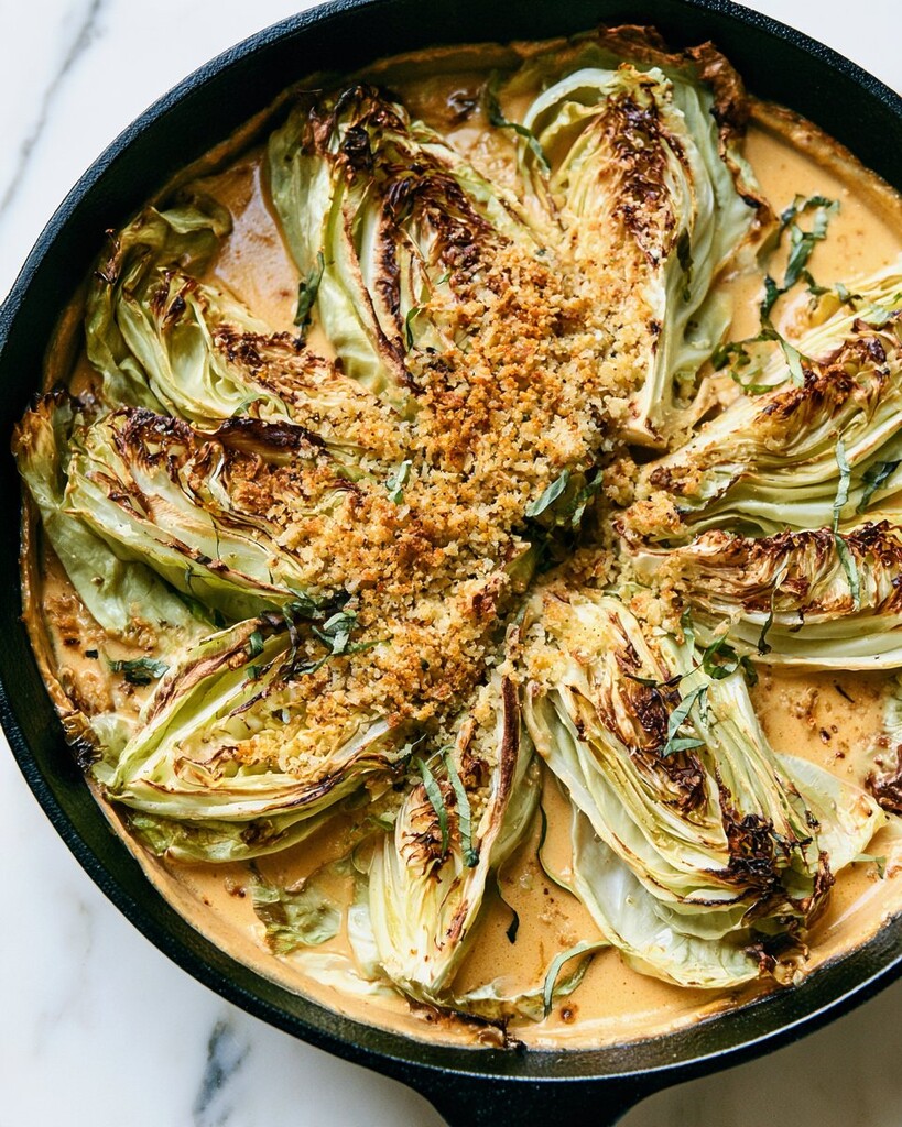 Marry Me Cabbage wedges in a creamy sauce topped with golden panko and fresh basil in a skillet