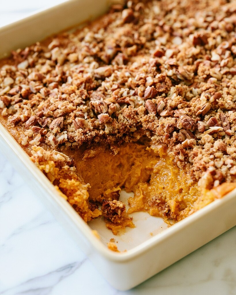 Baked pumpkin dump cake in a casserole dish with a golden brown crust