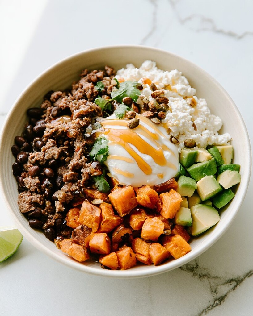 Four shallow bowls filled with roasted sweet potatoes, ground beef, black beans, and cottage cheese