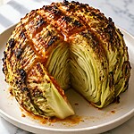 A roasted cabbage head with a browned surface and a cut section revealing steamed inner layers