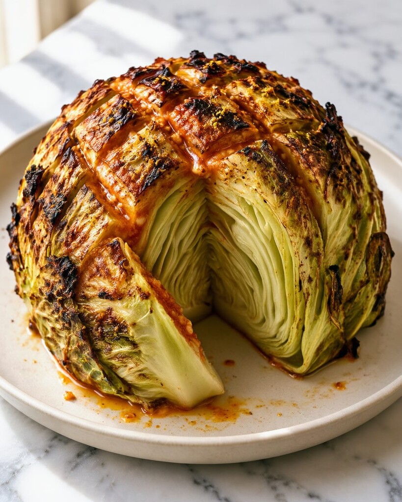 A roasted cabbage head with a browned surface and a cut section revealing steamed inner layers