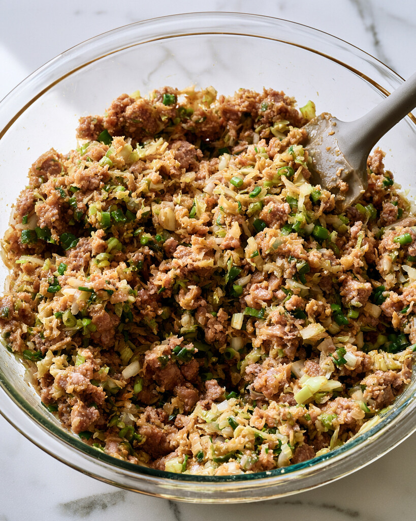 Minced raw pork mixed with chopped Napa cabbage and sliced green onions in a glass bowl