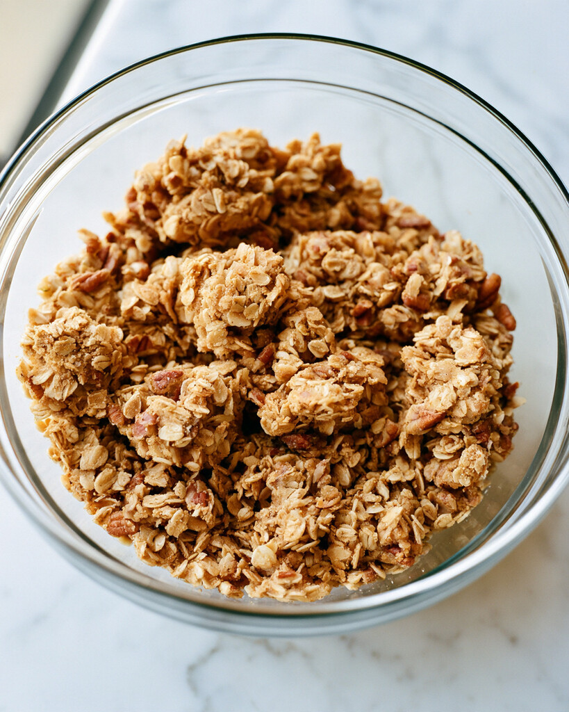 Coarse clumps of pecan and oat streusel mixed in a glass bowl