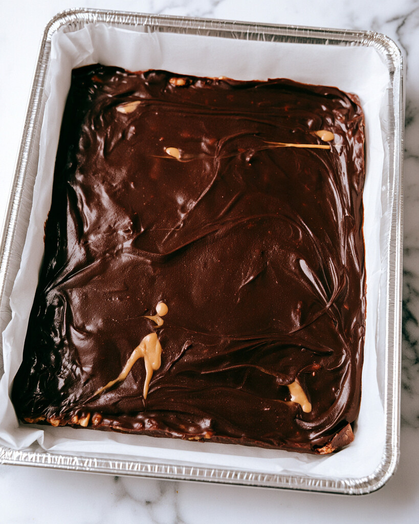Dark glossy chocolate spread over a peanut layer with drops of peanut butter on top