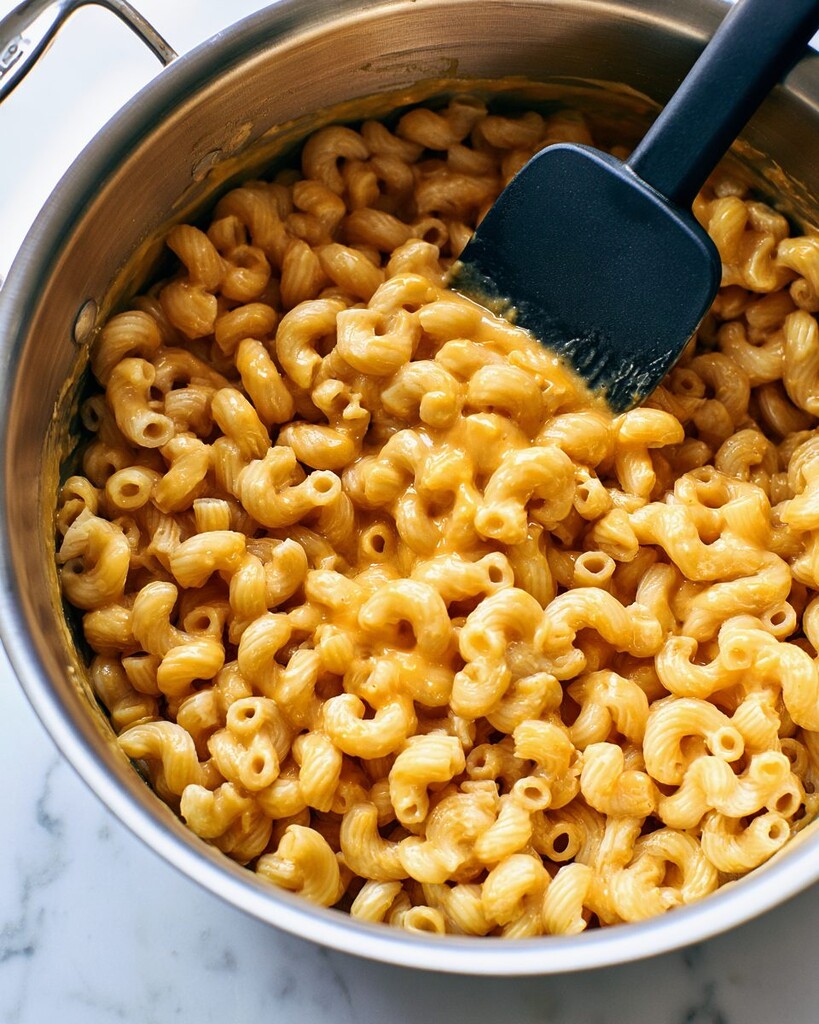 Silicone spoon stirring cavatappi pasta into orange cheese sauce in a metal pot