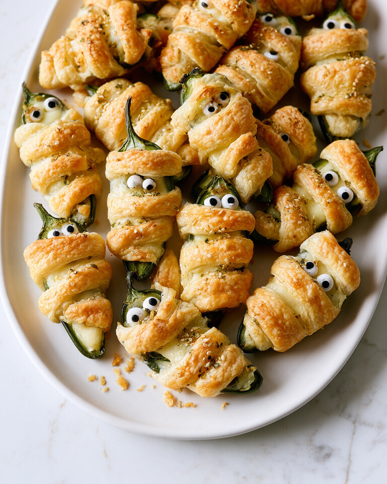 Everything Bagel Mummy Jalapeño Poppers (Quick Crescent Dough) Mummy jalapeño poppers served on a white plate with candy eyes