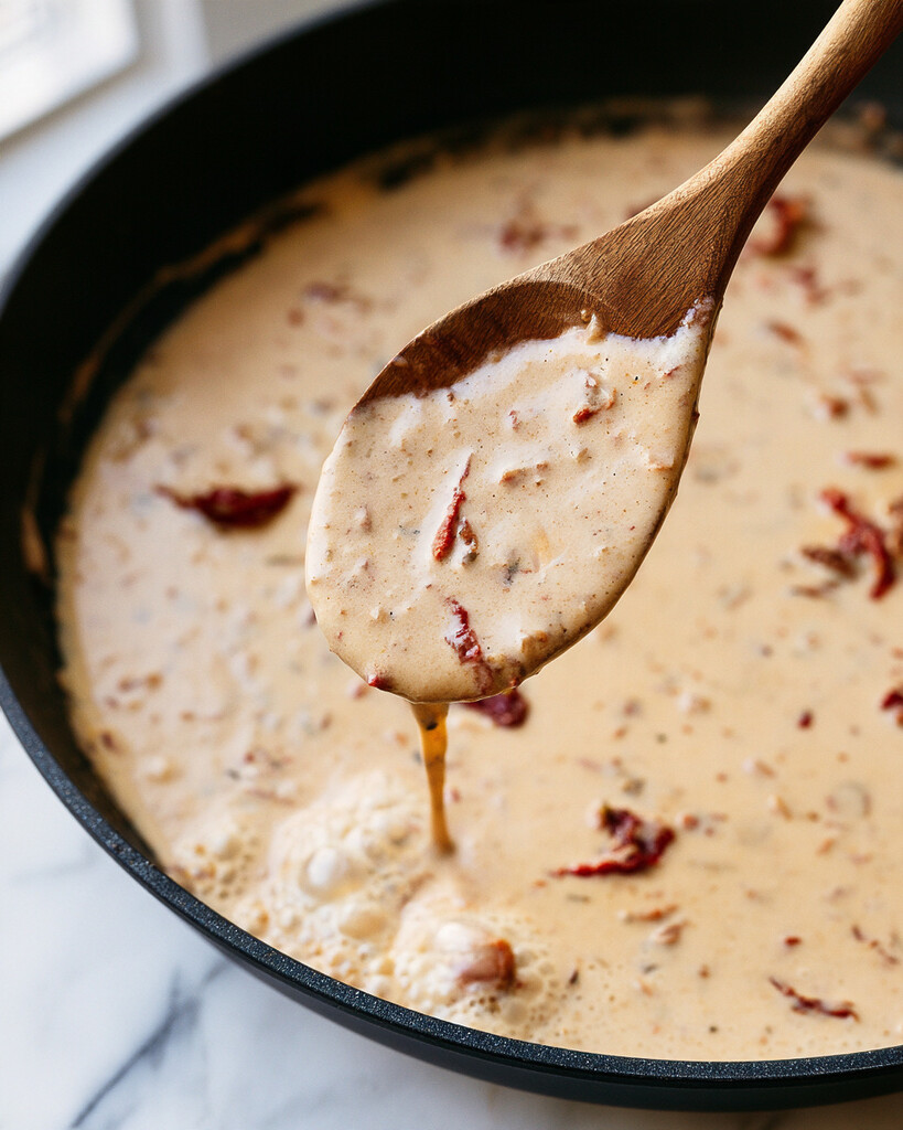 Thick, creamy sun-dried tomato sauce simmering in a black skillet with a wooden spoon resting inside