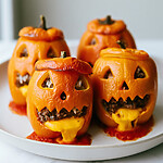 Halloween Jack-o'-Lantern Stuffed Peppers With Oozing Cheese Baked orange bell pepper with a carved jack-o-lantern face and melted cheese flowing from the mouth over red sauce