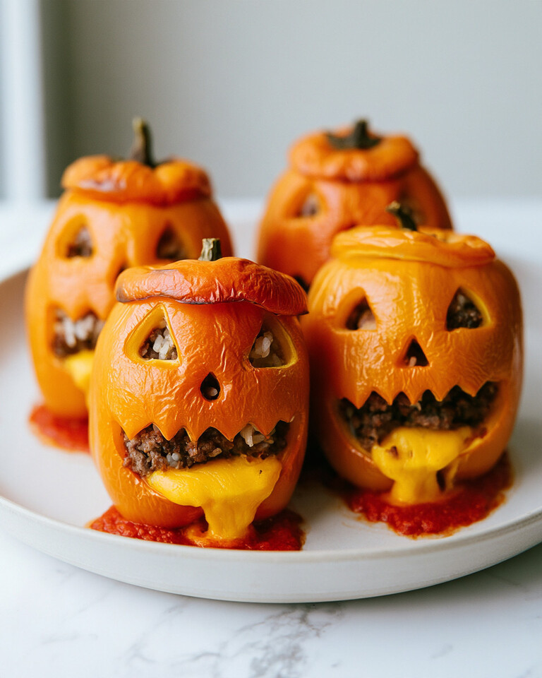 Halloween Jack-o’-Lantern Stuffed Peppers With Oozing Cheese Baked orange bell pepper with a carved jack-o-lantern face and melted cheese flowing from the mouth over red sauce