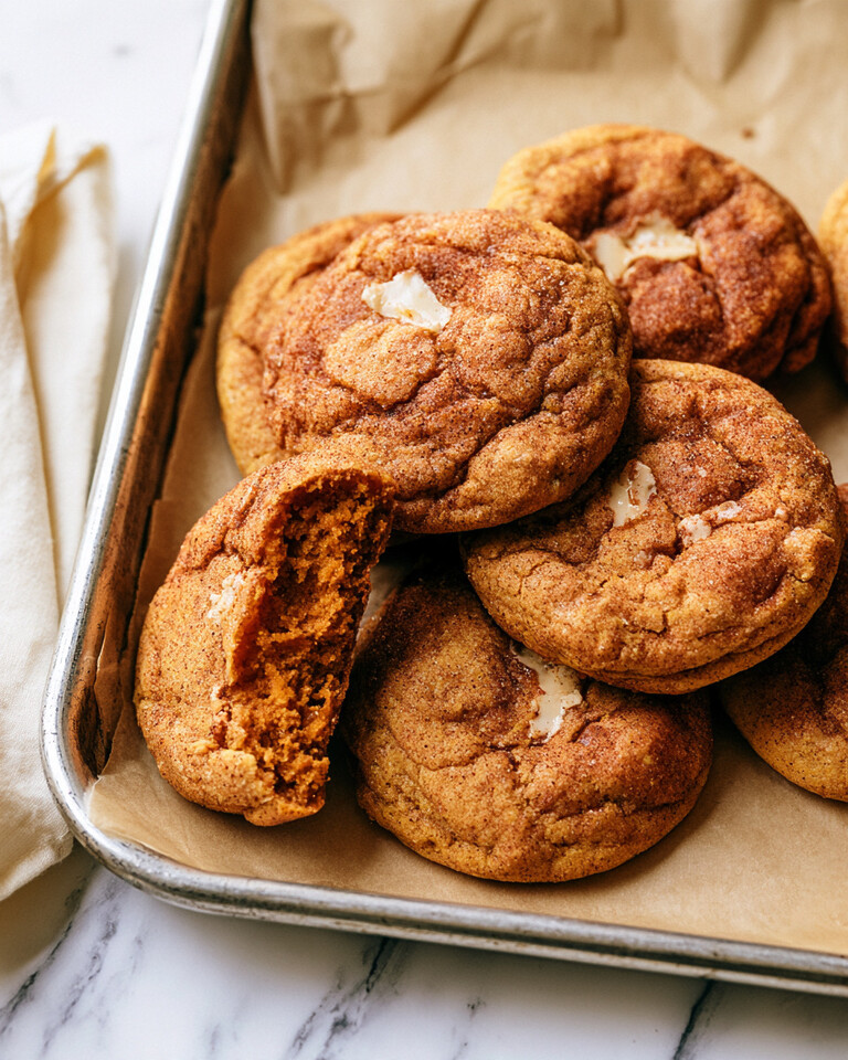 Chewy Brown Butter Pumpkin Snickerdoodles Stacked brown butter pumpkin snickerdoodles on a tray, with one broken piece showing a chewy center