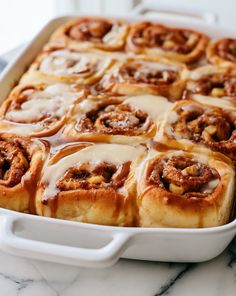 Golden rolls in a white dish covered with thick cream cheese icing and caramel ribbons