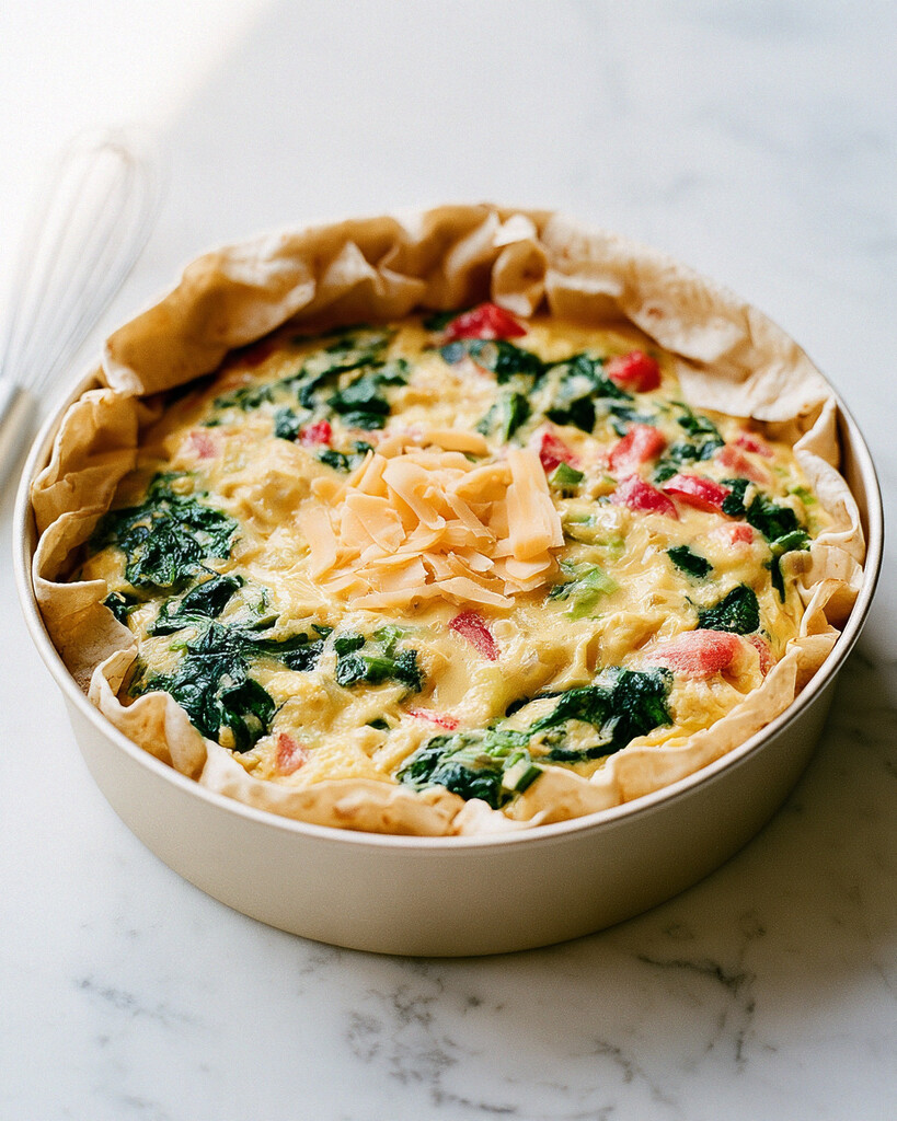 Tortilla crust filled with egg mixture, chopped vegetables, and cheese before baking