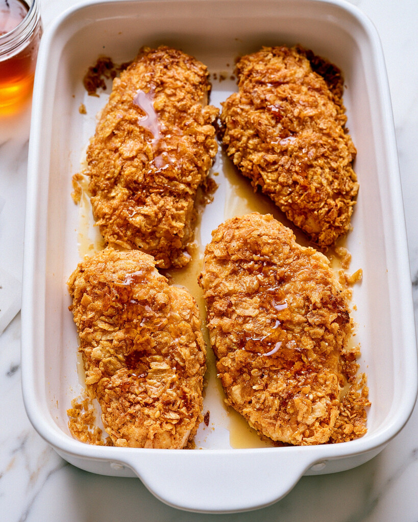 Golden brown potato chip crusted chicken in a white baking dish drizzled with honey