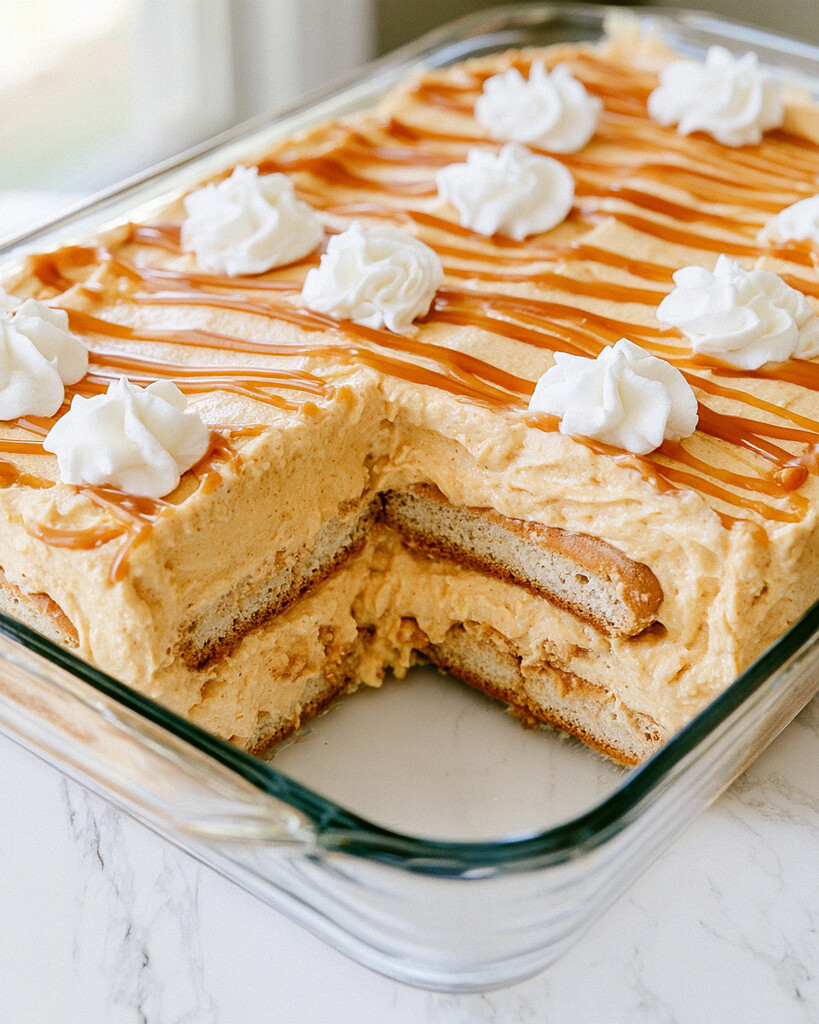 Glass baking dish showing alternating layers of espresso ladyfingers and pumpkin cream