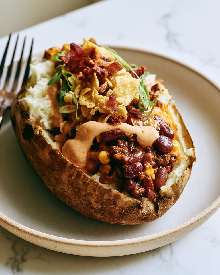 Cowboy Stuffed Baked Potatoes with Crispy Bacon Skins A baked russet potato overflowing with beef, pinto beans, corn, chipotle crema, and crushed corn chips on a plate