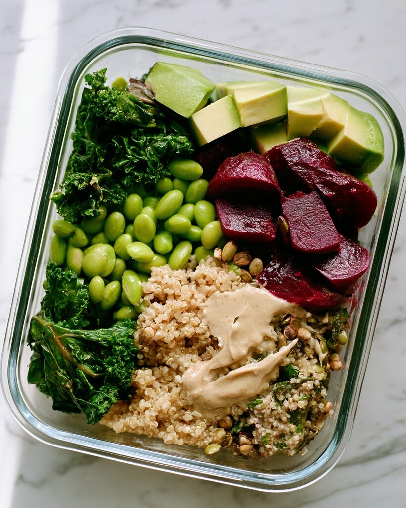 1 glass meal prep containers filled with kale, quinoa, edamame, beets, and avocado topped with hummus dressing