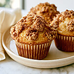 Apple Cider Doughnut Muffins with Crunchy Browned Butter Streusel Baked apple cider doughnut muffins with tall golden domes and crumbly brown streusel on a ceramic plate