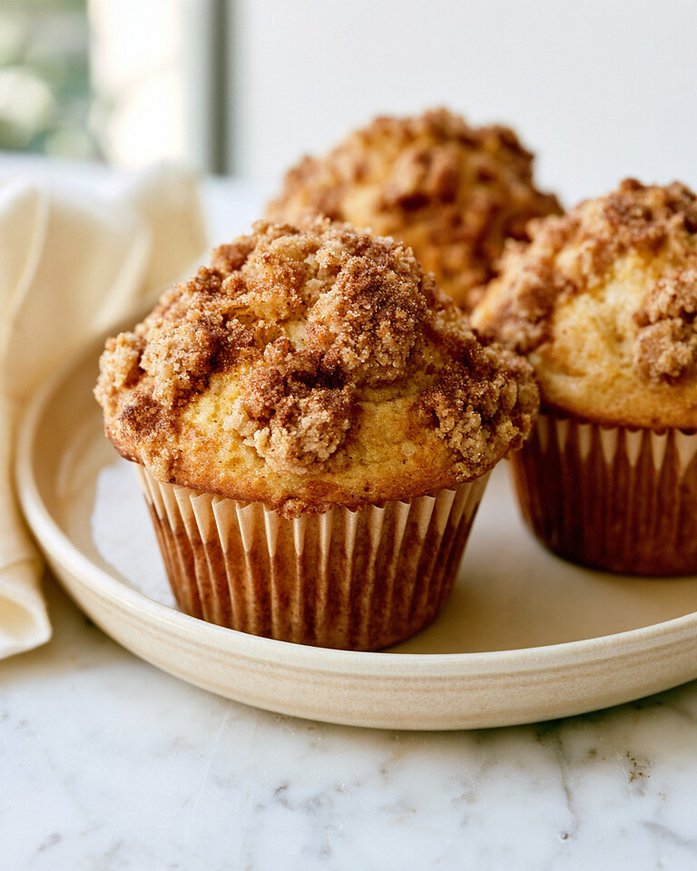 Apple Cider Doughnut Muffins with Crunchy Browned Butter Streusel Baked apple cider doughnut muffins with tall golden domes and crumbly brown streusel on a ceramic plate