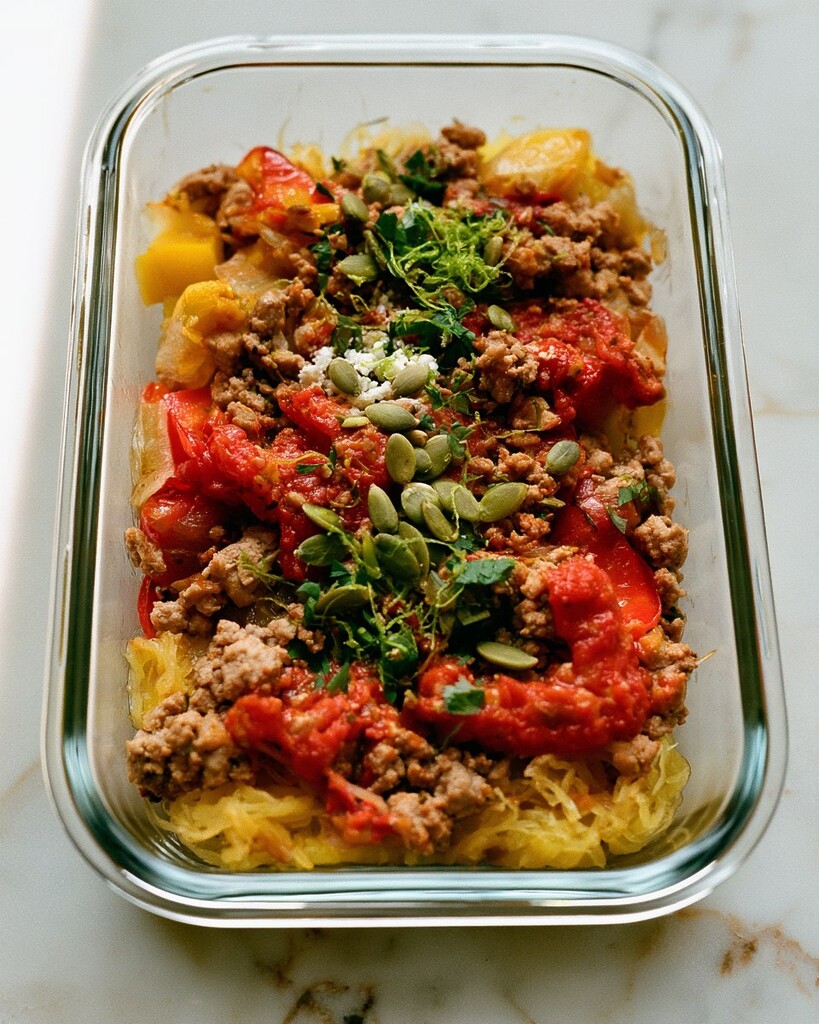 Glass meal-prep bowl layered with roasted spaghetti squash strands, turkey tomato sauce, cotija cheese, and toasted pumpkin seeds