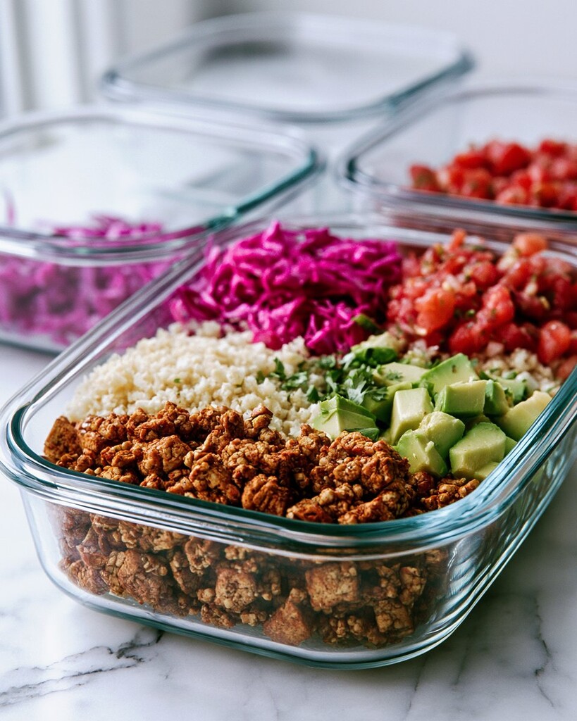 Glass meal prep container being filled with roasted cauliflower rice, tofu, red cabbage slaw, salsa, and avocado